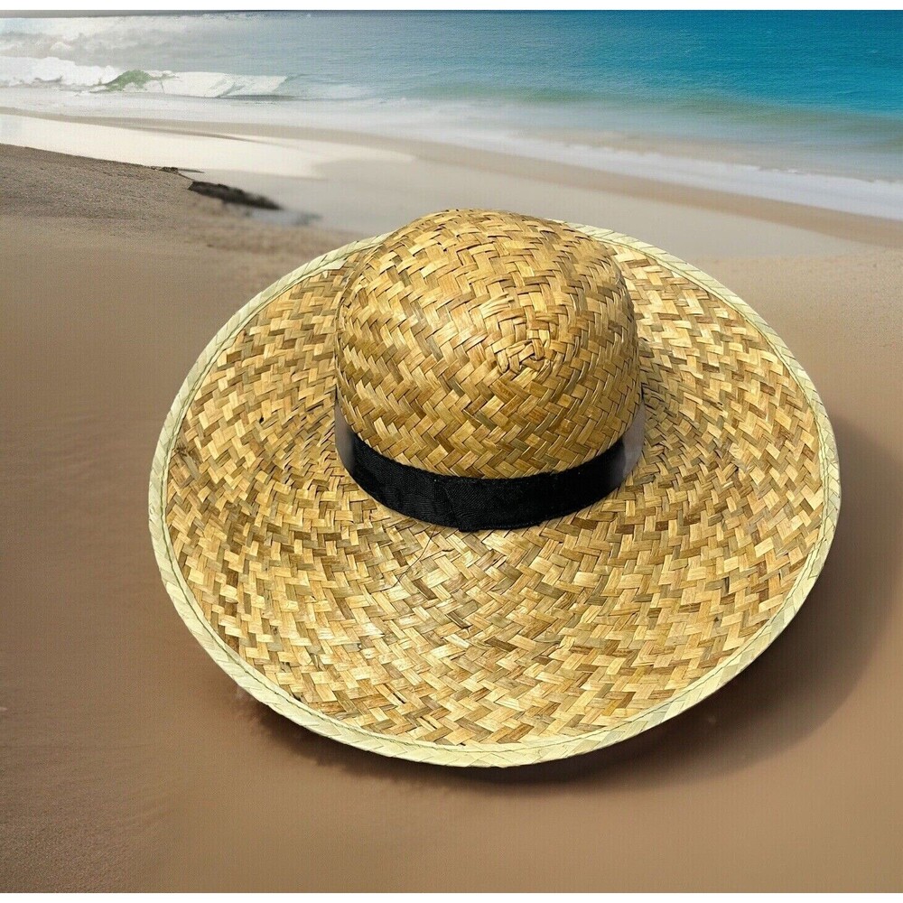 Sun Hat Wide Brim Woven Beige Straw Weave Black Ribbon‎ Band Beach Shade Outdoor